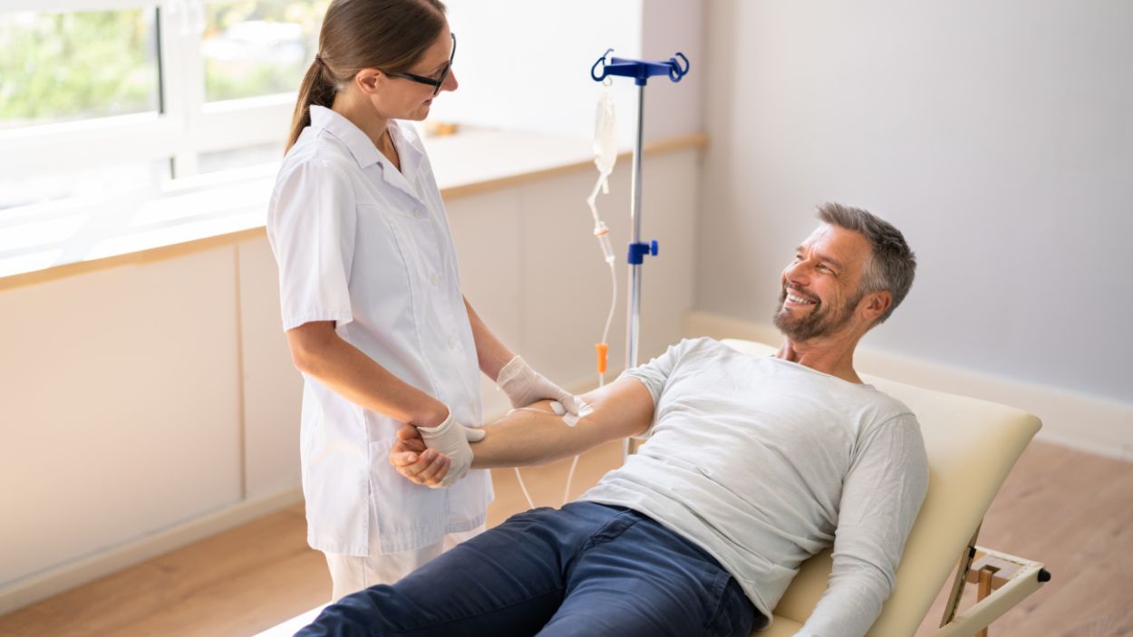 Man receiving Vitamin IV Infusion treatment during Bradshawe Ave & S Grandridge Ave, Monterey Park alternative natural medicine services.